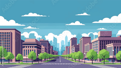 Sapporo cityscape vector illustration depicting a spacious northern Japanese city with wide streets, generic buildings, and open sky in flat solid colors for travel and urban design themes