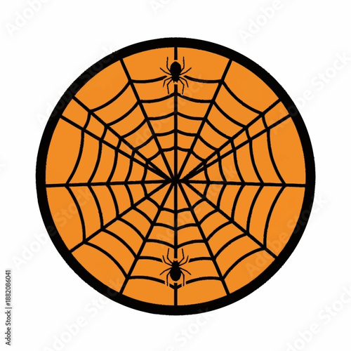Halloween themed spider web with two spiders on an orange background.