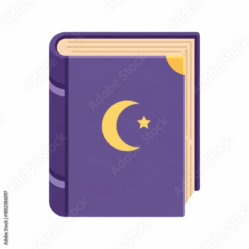 Purple Quran book with golden crescent moon and star.