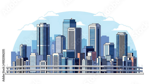 Nagoya cityscape vector illustration featuring a modern Japanese business city with generic skyscrapers and highways in flat solid colors, suitable for corporate, travel, and urban visuals