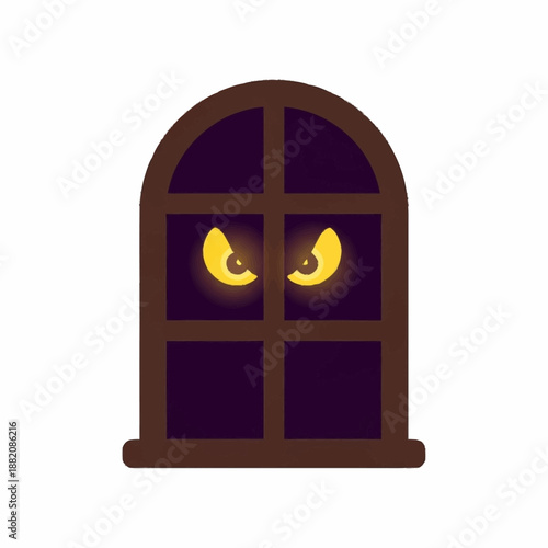 Spooky glowing eyes peering from a dark window at night.