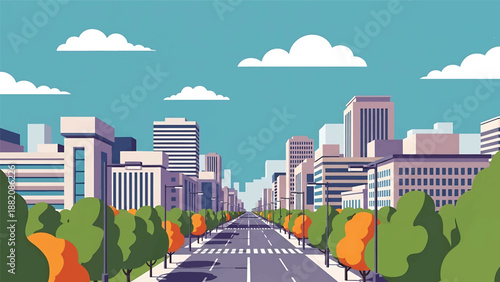 Sapporo cityscape vector illustration depicting a spacious northern Japanese city with wide streets, generic buildings, and open sky in flat solid colors for travel and urban design themes