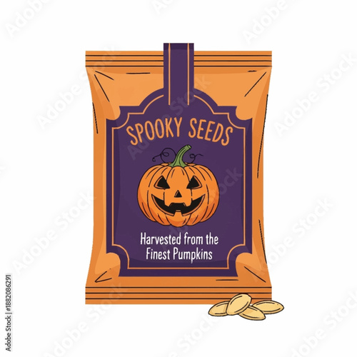 Spooky Seeds Halloween Pumpkin Snack Bag Illustration.