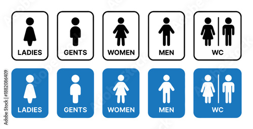 Collection of ladies gents women men and wc toilet restroom washroom public sign vector black and blue color isolated on white background for directory