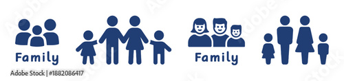 Collection Of Family Silhouettes In Different Poses With Parents And Children Of Varying Ages Standing Together Icon Set In Navy Blue Color 200