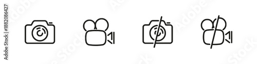 Collection of media production camera icons related to video recording photography multimedia content creation equipment and filmmaking tools in simple outline style vector format