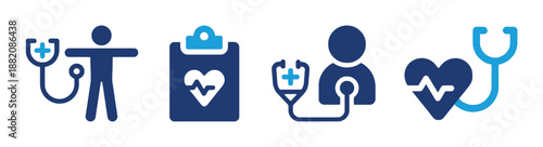 Collection of Medical Icons Depicting Healthcare Wellness and Doctor Care Featuring Stethoscopes Heart Rate and Patient Treatment Designed for Clinic