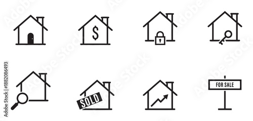 Collection of Real Estate Icon Set Featuring House Home Key Lock Magnifying Glass Sold Sign And Property Related Symbols Depicted With Simple Black Outlines