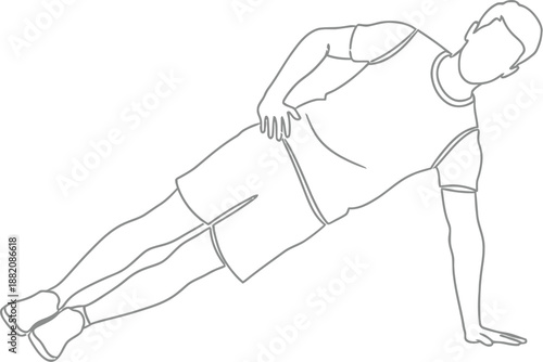 Athletic male figure demonstrating a challenging side plank exercise variation using only one arm for core strength and body stability training illustration
