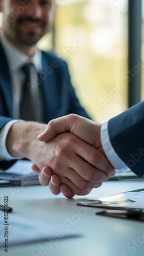 Close-up of two business professionals shaking hands in a modern office environment, symbolizing trust, successful partnership, and agreement. Documents are visible on the table.