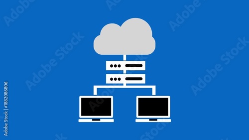 Minimalist proxy server icon with two connected computer nodes and a shield symbol, representing secure network routing and internet privacy. Simple line art design isolated on a white background,
