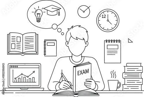 Student diligently preparing for a major examination surrounded by academic resources like books laptops and clocks symbolizing time management skills