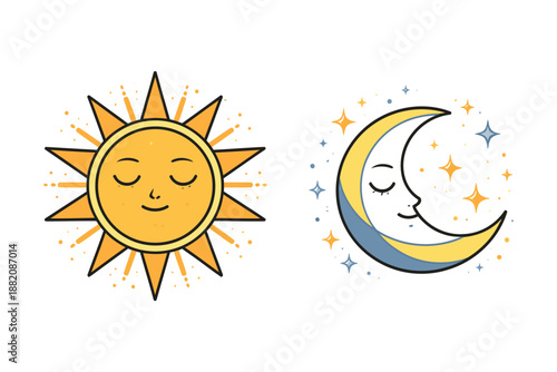 Celestial Sun and Moon Smiling Faces Day and Night Illustration
