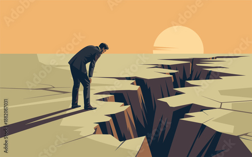A man standing at the edge of a deep, wide chasm, contemplating the vast, cracked terrain under a warm, orange-hued sky