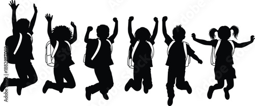 Happy school children jumping, backpack silhouettes, education concept, group of kids celebrating, back to school, childhood joy, success