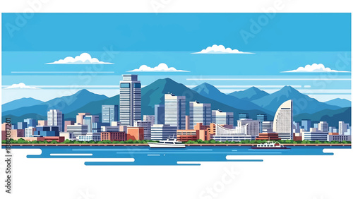 Kobe cityscape vector illustration depicting a Japanese harbor city with generic waterfront buildings and mountain backdrop in flat solid colors, perfect for travel and lifestyle design use