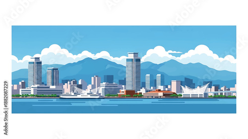 Kobe cityscape vector illustration depicting a Japanese harbor city with generic waterfront buildings and mountain backdrop in flat solid colors, perfect for travel and lifestyle design use
