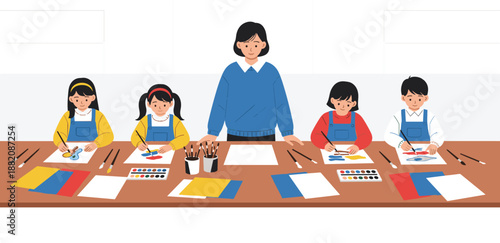 Teacher guiding children painting in art class, creative classroom illustration, kids learning colors, primary school activity, education, creativity, teamwork