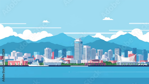 Kobe cityscape vector illustration depicting a Japanese harbor city with generic waterfront buildings and mountain backdrop in flat solid colors, perfect for travel and lifestyle design use