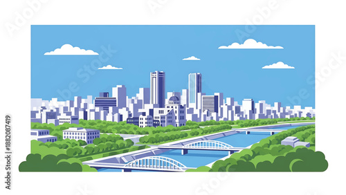 Hiroshima cityscape vector illustration presenting a peaceful modern Japanese city with generic buildings, rivers, and bridges in flat solid colors for travel, education, and urban visuals