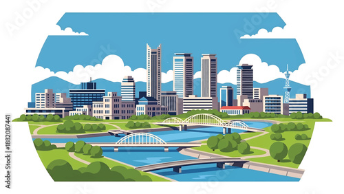 Hiroshima cityscape vector illustration presenting a peaceful modern Japanese city with generic buildings, rivers, and bridges in flat solid colors for travel, education, and urban visuals