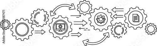 Simple black and white line art illustration depicting the interconnected process flow of digital data transformation and mechanical workflow management across various gears