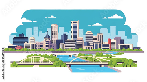 Hiroshima cityscape vector illustration presenting a peaceful modern Japanese city with generic buildings, rivers, and bridges in flat solid colors for travel, education, and urban visuals