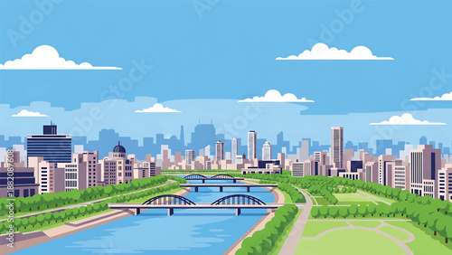 Hiroshima cityscape vector illustration presenting a peaceful modern Japanese city with generic buildings, rivers, and bridges in flat solid colors for travel, education, and urban visuals