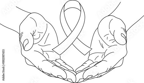 Line art illustration showcasing two cupped hands gently holding and offering support for a prominent awareness ribbon symbolizing unity and hope