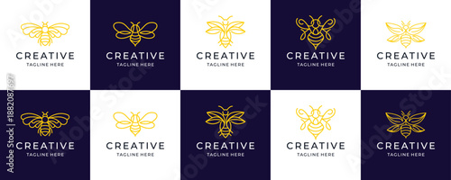 set of honey bee line logo.premium honey logo with line concept design.