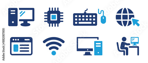 Computer technology vector icon concept of desktop monitor keyboard computer mouse processor cpu server internet network online connection website webpage wifi