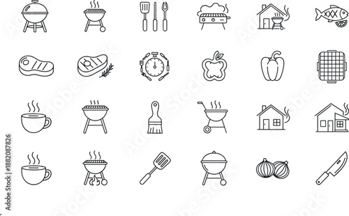 BBQ Grill and Outdoor Cooking Icon Set with Barbecue Symbols, Meat Steak, Vegetables, Utensils, Home Kitchen, Hot Drinks, and Picnic Food Preparation for Apps, Menus, Recipes, and Culinary Designs