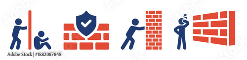 Conceptual illustration set representing obstacles and problem solving with overcoming challenges and resilience in achieving success depicted by people pushing through walls
