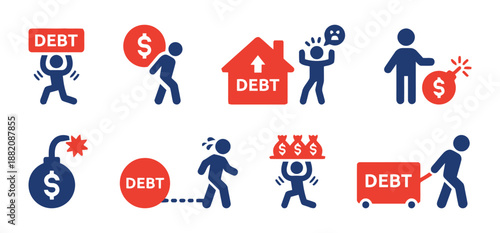 Conceptual Illustration Of Debt Crisis Problem Showing Burdened People With Financial Issues And Stressful Situations Icon Set In Red And Navy 200