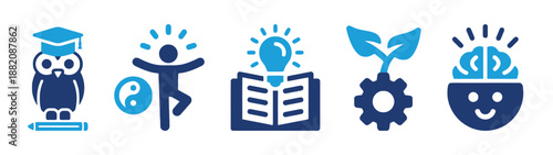 Conceptual illustrations set of learning and knowledge featuring education symbols such as owl book lightbulb gear and brain representing wisdom and skill development