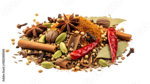 Spice mix heap (garam masala style) isolated on PNG background.