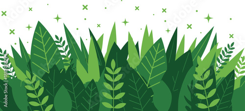 Vibrant lush green tropical foliage border illustration design featuring various shapes and shades of leaves creating a natural decorative edge against a clean white background space