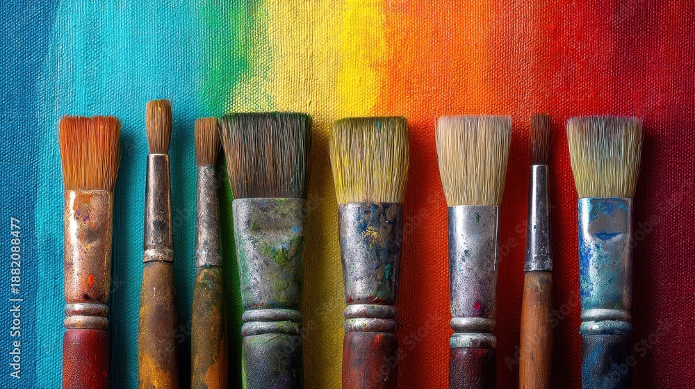 Fototapeta premium Colorful brushes aligned on vibrant rainbow background canvas.