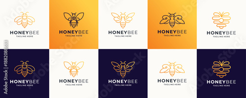 set of honey bee line logo.premium honey logo with line concept design.