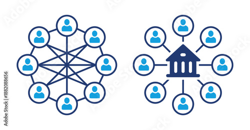 Decentralized and centralized network vector icon illustrating digital infrastructure of data distribution blockchain technology and conventional banking system