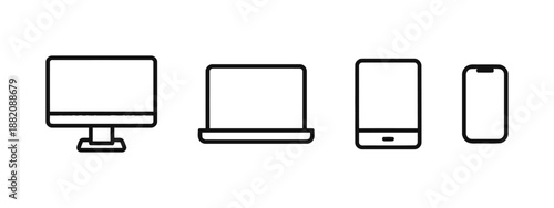 Devices icon set showing computer laptop tablet mobile phone in outline style representing digital technology gadgets modern connectivity vector illustration graphic