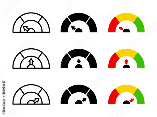 Different Measuring Speedometers Indicators Gauges Symbolizing Low Normal and High Performance Control Panel Icons Set For Dashboard Isolated