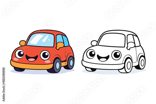 Friendly cartoon car character illustration and outline