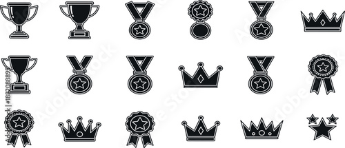 A collection of black achievement icons including trophies, medals, crowns, and ribbons displayed on a clean background from a straightforward viewpoint