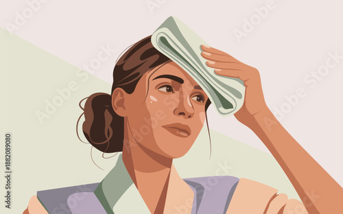 Woman experiencing heat stress, holding a cloth to her forehead in a state of distress, close-up view