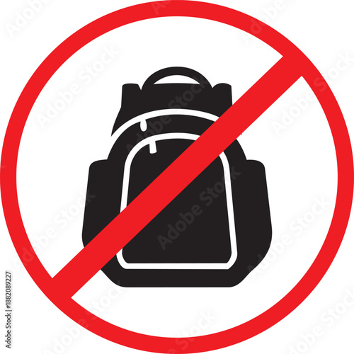 No backpack allowed icom illustration Black backpack icon with a red prohibition symbol indicates backpacks are not allowed Perfect for safety and informational graphics.