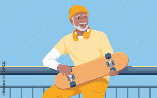 Man holding skateboard sitting on railing in urban setting viewed from the side