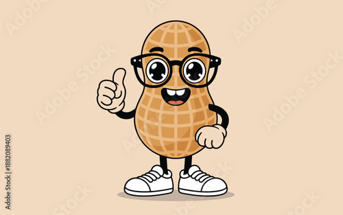 A smiling anthropomorphic waffle with glasses and sneakers giving a thumbs up on a neutral background from a straightforward viewpoint