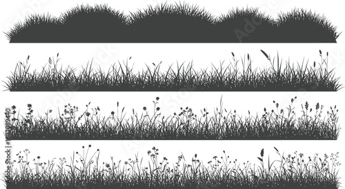 Collection of four distinct black silhouette border designs featuring detailed wild grass mounds and various flowering meadow plants against a clean white background