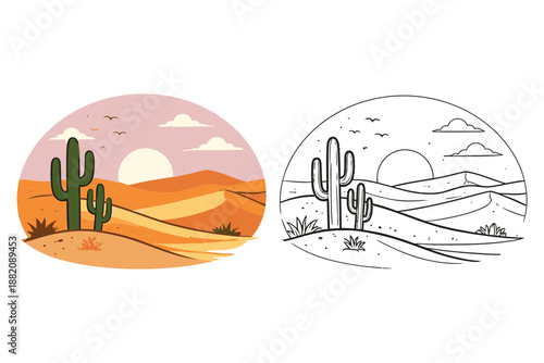 Desert landscape with cacti and sun at sunset coloring page